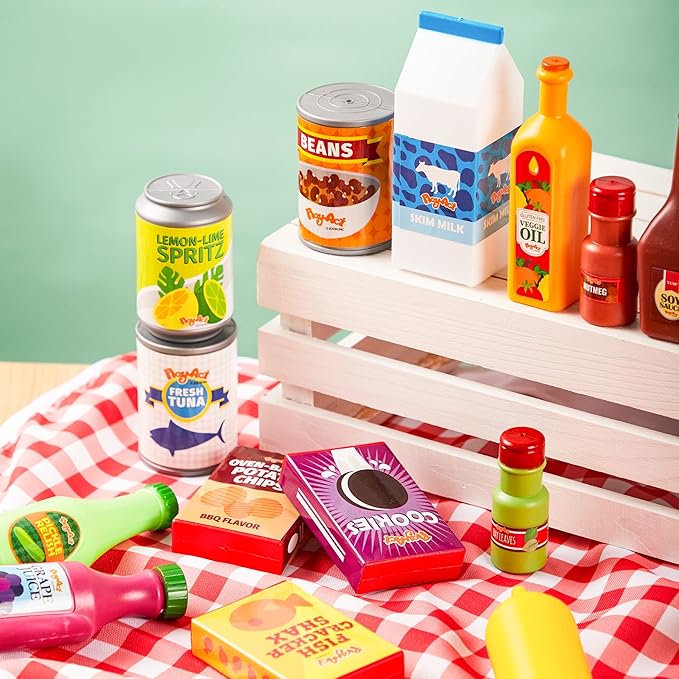 JOYIN 30Pcs Play Food Grocery Cans, Play Kitchen Accessories, Includes Drink, Juice, Jar, Seasoning, Water Bottle, Sauce, Yogurt, Ice Cream, Snack Box, Kids Gifts & Indoor Toys