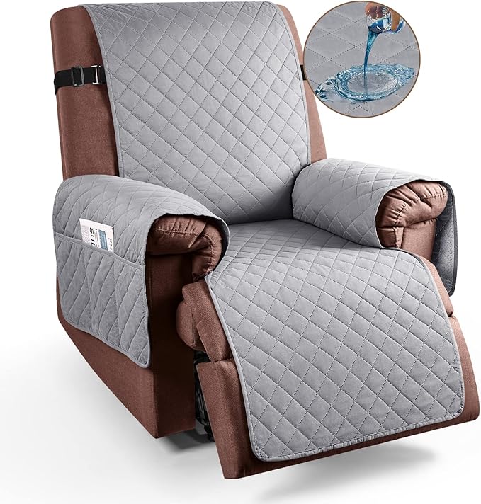 KinCam 100% Waterproof Recliner Chair Cover, Reclining Couch Covers for Pets, Dogs, Recliner Couch Slipcover Furniture Protector with Elastic Straps for Kids(30", Light Gray)
