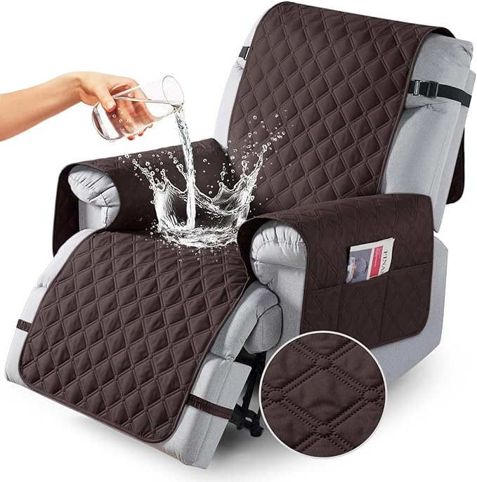 TAOCOCO 100% Waterproof Recliner Covers, Recliner Sofa Covers with Leg Straps, Reversible Recliner Couch Cover for Reclining Chair, Washable Couch Protector for Pets Kids(1 Seater 22", Chocolate)