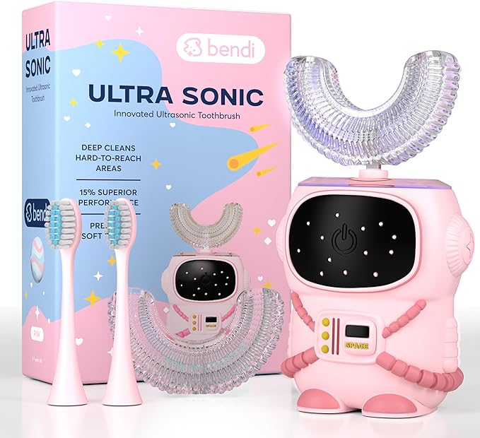 Sensory 360 Round U-Shaped Astronaut Design Mouthguard Electric Toothbrush for Kids Ages 2-7 - Automatic Memory Function - 5 Modes Toothbrush with Multiple Heads – Kids Travel Essentials (Pink)