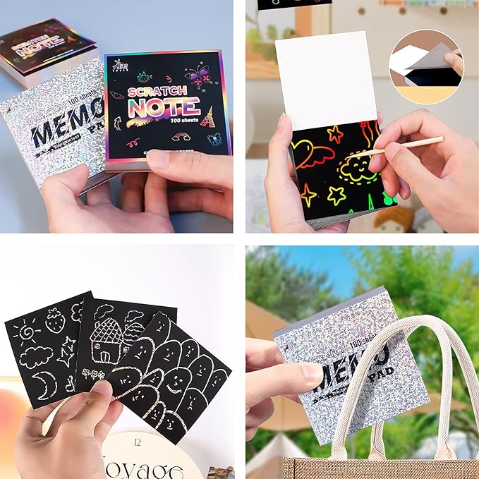 Rainbow Holographic Scratch Art Paper Mini Notes - 3 Pack Set (300 Sheets 3.5x3.5 in) with 2 Templates, Magic Scratch Cards for Kids Toy Arts Crafts DIY Party Favor Supplies for Boys Girls Christmas