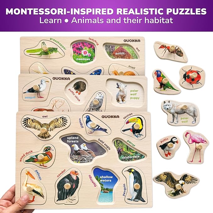 QUOKKA Wooden Puzzles for Toddlers 1-3 - 8XSET Toddler Puzzles Ages 2-4 with Rack - Learning Alphabet, Numbers and Animals Toy Puzzles for Toddlers 3-5 - Wood Games Gift for Boys and Girls