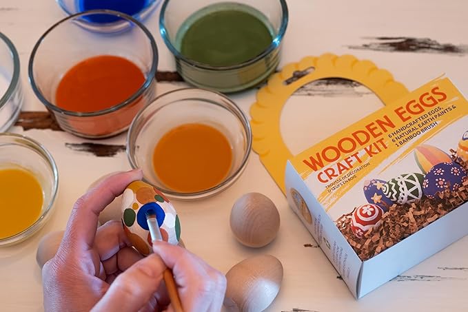 Natural Earth Paint Wooden Egg Kit – 6 Non-Toxic, Eco-Friendly Paints & Bamboo Brush – Easter Egg Decorating & Craft Set – Compostable Packaging, Safe for Kids & Adults