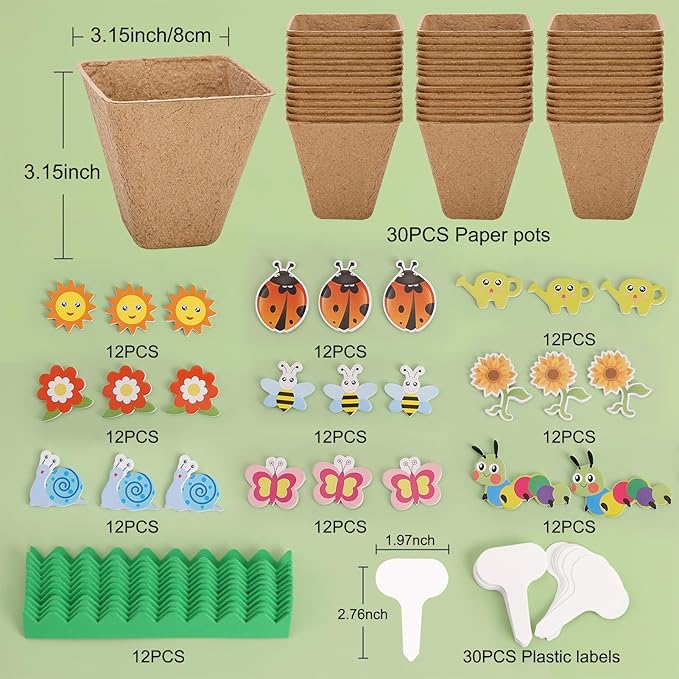 Ayfjovs Garden Paper Pot Craft Kit, 30 Pack Square Paper Peat Pots with 120 PCS Adhesive Foam Stickers and 30 PCS Plastic Plant Labels for Kids Science, Classroom Decoration