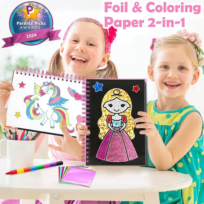FUNNYB&G Art Craft Activity for Kids: Foil Art Princess DIY Toy Kit, No Mess Creative Travel Supply Set, Idea Birthday Christmas Valentine Gift for Girl Boy Children 4 5 6 7 8 9 Year Old