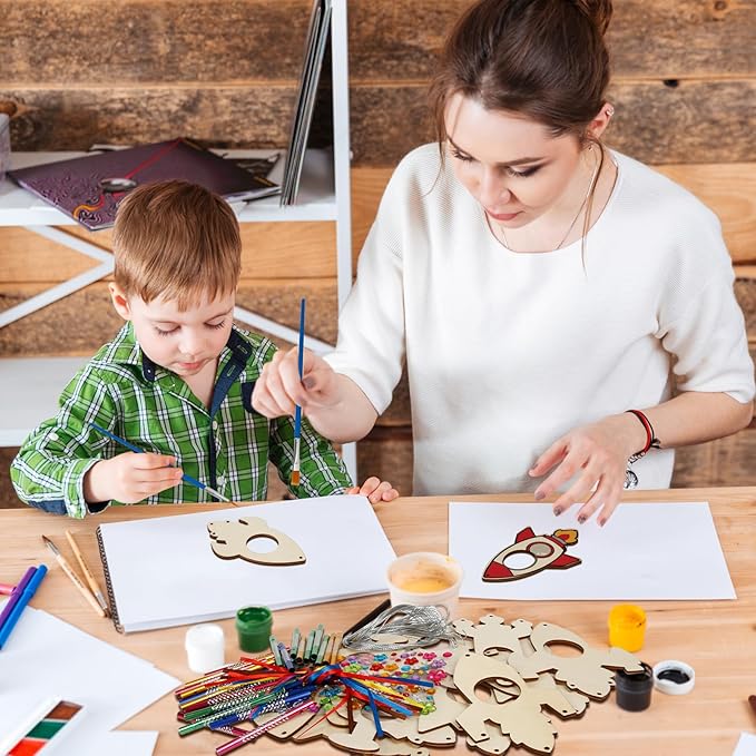 Fennoral 12 Pack Wind Chime Kit for Kids Make Your Own Rockets Wind Chime Craft Wooden Arts and Crafts for Girls Boys DIY Coloring Rockets for Art Activity Birthday Party Decoration