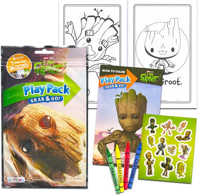 Marvel I am Groot Party Favors And Supplies ~ Bundle with 12 Groot Play Packs for Boys and Girls with Mini Coloring Book, Stickers, Loot Bags, More (Guardians of the Galaxy Art Book)