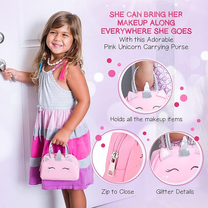 Pretend Play Makeup Kit for Little Girls with Unicorn Purse : Fake (Not Real) Make up Toy Set for Toddler and Kids - Includes Phone with Sounds, Princess Birthday Gift Set for Ages 3 4 5 6 7 8 Years