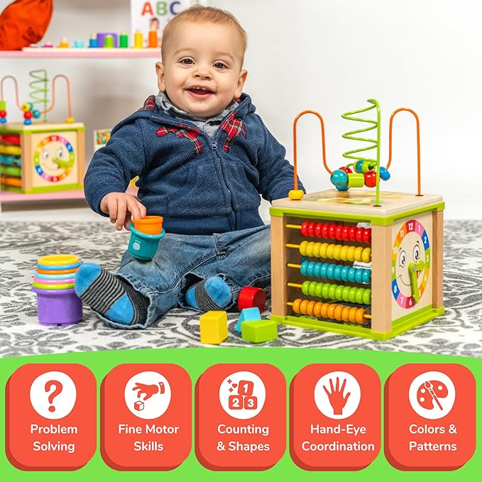 TOYVENTIVE Wooden Activity Cube, Montessori Toys for 1+ Year Old Girl, Multipurpose Educational Sensory Toy for Baby, Toddler, Kid | First Birthday Gift | Bonus First Words Book