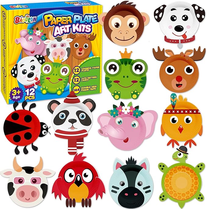 BAODLON Arts and Crafts Kits for Kids, 12 Pack Simple Crafts Animal Paper Plate Art Kit for 2 3 4 5 Year Old Toddler Boys Girls, DIY Kids Crafts for Preschool Classroom Activity/Birthday/Party Game