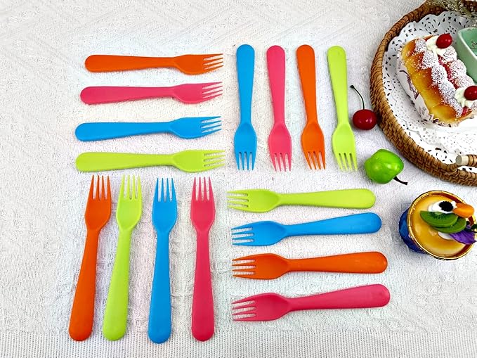 Jawbush 16Pcs Plastic Kids Forks, Reusable Toddler Utensils with Bright Colors, Durable Silversware Set for Lunch Box Camping or Travel, Easy Grips Both for Kids or Adults, BPA Free Dishwasher Safe