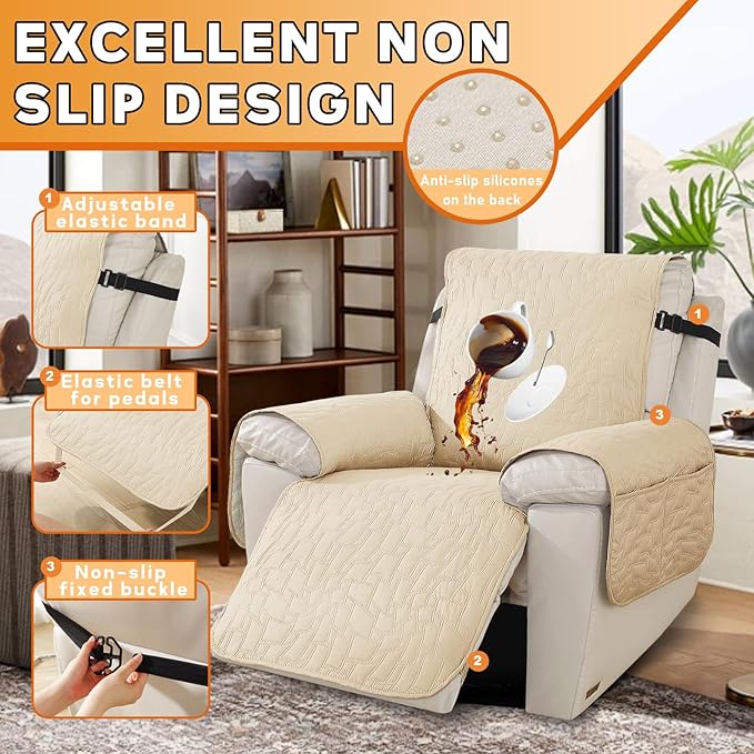 XINEAGE 100% Waterproof Recliner Chair Covers with Elastic Straps, Nonslip Reclining Couch Covers Washable Recliner Couch Cover with Pockets Furniture Protector for Pets Dogs (Beige, 23")