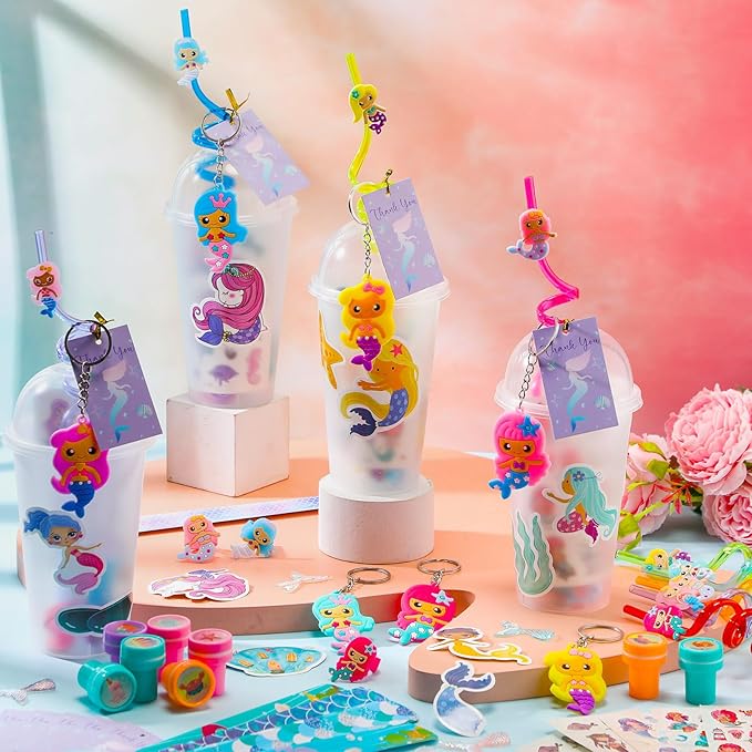 Qilery 267 Pcs Mermaid Party Unicorn Party Dinosaur Party Shark Party Favors Includes Plastic Cup with Lid Straw Keychain Bracelet Ring Stamper Stickers Tag For Party Favors Piñata Filling (Mermaid)