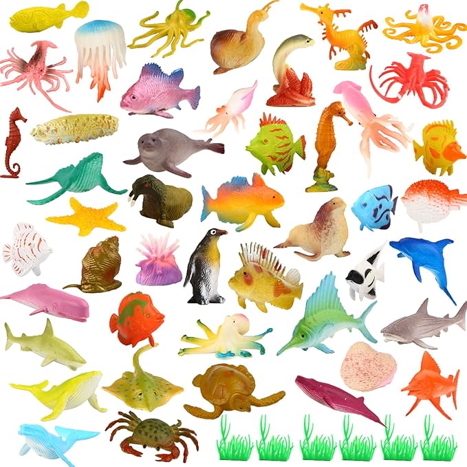 Funcorn Toys Ocean Sea Animal, 52 Pack Assorted Mini Vinyl Plastic Animal Toy Set, Realistic Under The Sea Life Figure Bath Toy for Child Educational Party Cake Cupcake Topper,Valentines Day Gift