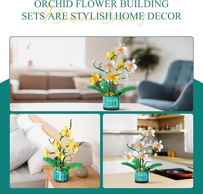 BAKA Orchid Flower Building Kit for Adults and Kids, Orchid Bonsai Building Set for Home Decor Botanical Collection in White and Yellow Orchid, Idea Gift for Valentines Day, Birthday - 1110pcs