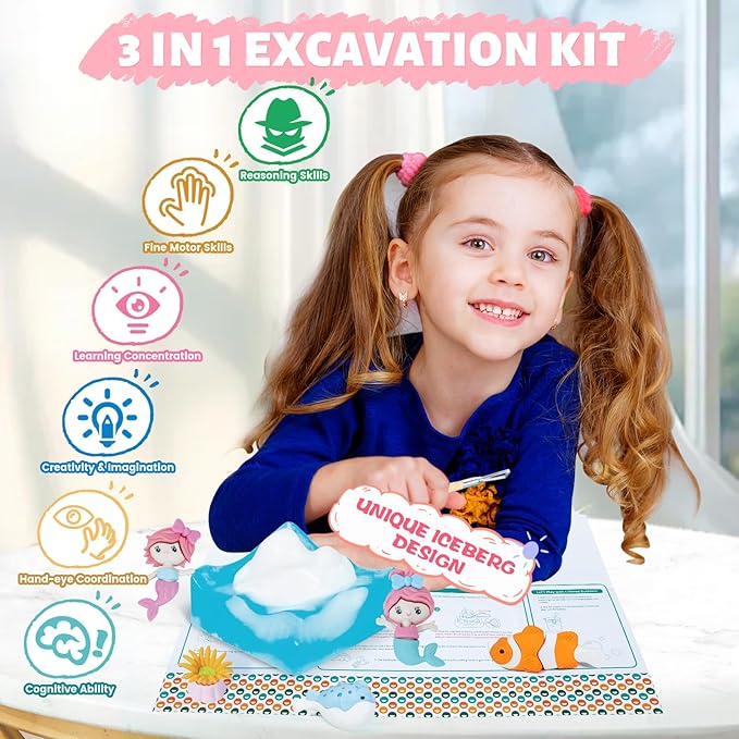3 in 1 Mermaid Soap Making Craft Kit Kids Toy, STEM Art and Craft Science Toy for Toddler, Dig Soap with Silicone Mold,Fragrances, Best Educational Craft Activity, Birthday Easter Gift for Girl Boy