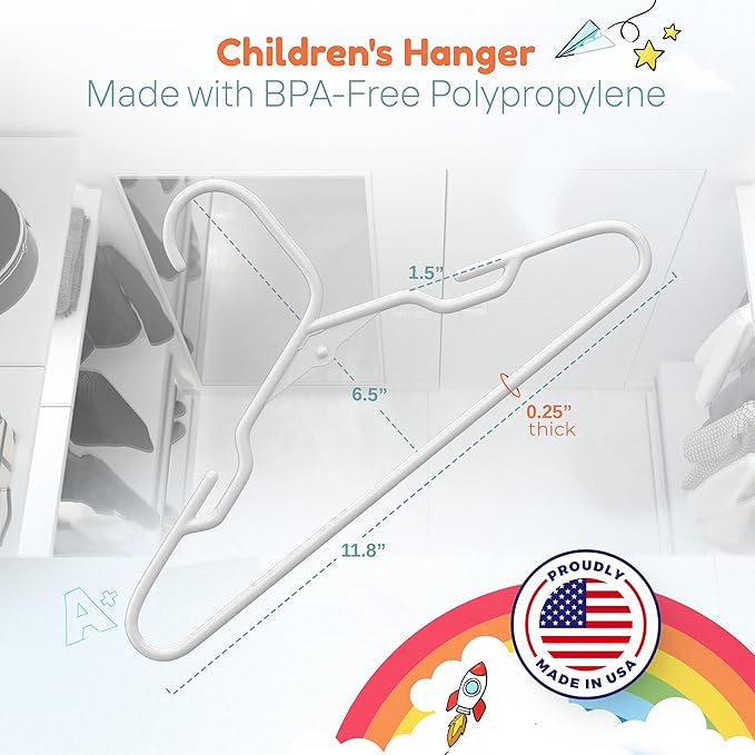 Made in USA Baby Hangers, Kids Hangers for Children's Clothes, Toddler Outfits and Clothing, 20 50 100 Pack Available, Kid Plastic Hanger for Closet and Nursery, Kids Hangars (30pk White/Mint)
