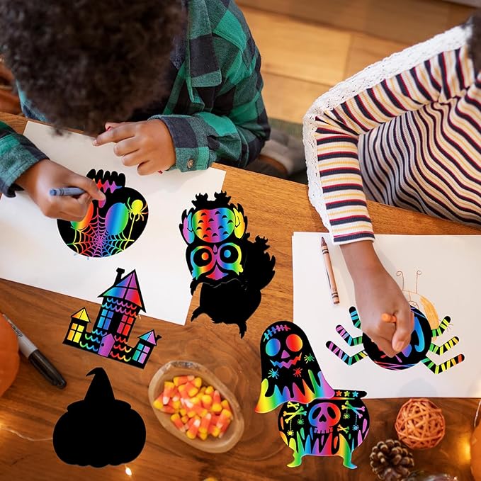 Leesgel Halloween Scratch Art Paper for Kids, 60Pcs Magic DIY Crafts Kit Halloween Party Decorations Supplies, Pumpkin Skull Bat Scratch Crafts Birthdays Party Favor Educational Toys