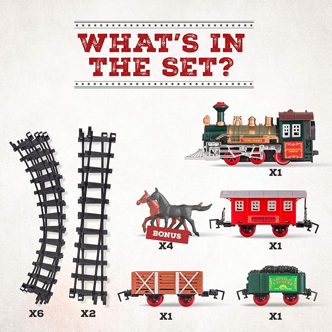 Electric Train Set for Kids Ages 4-8 - Battery-Powered Train Set with Lights & Sounds, Steam Locomotive Engine, Horses & Tracks - Classic Railway Toy Gift for Boys & Girls, Toddler Train Playset