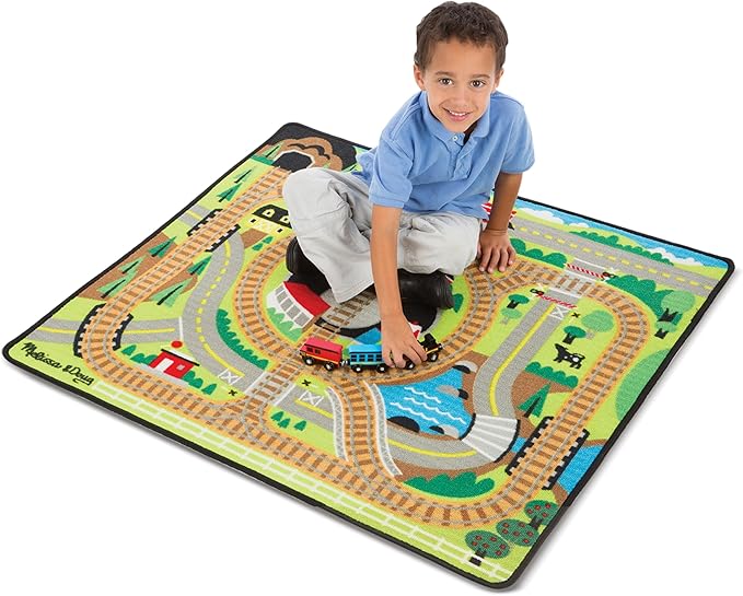Melissa & Doug Round the Rails Train Activity Play Rug, 3 Wooden Train Cars (39" x 36")