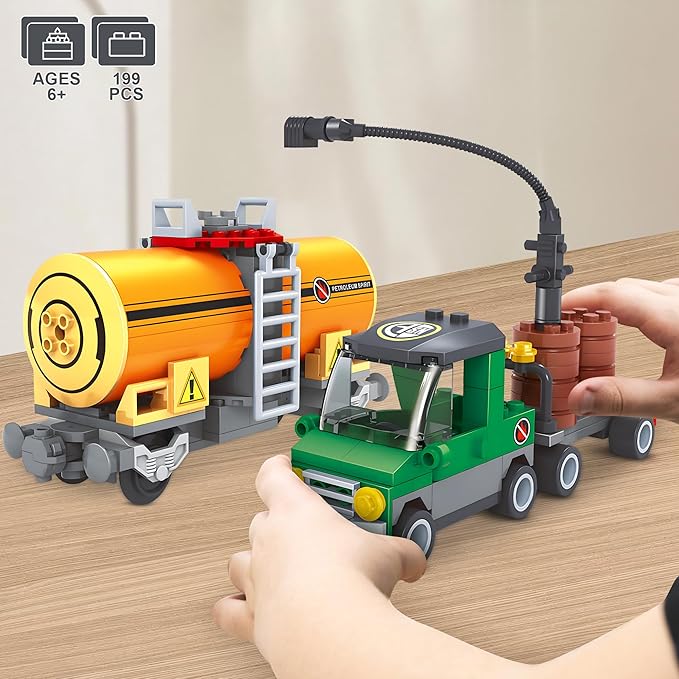 Finger Rock City Freight Train Car Building Toy Sets, Classic Tanker Car and Truck Cargo Train Model, 199 Pcs MOC Construction Toys for Train Lovers,STEM Gifts for Boys Girls 6 7 8+