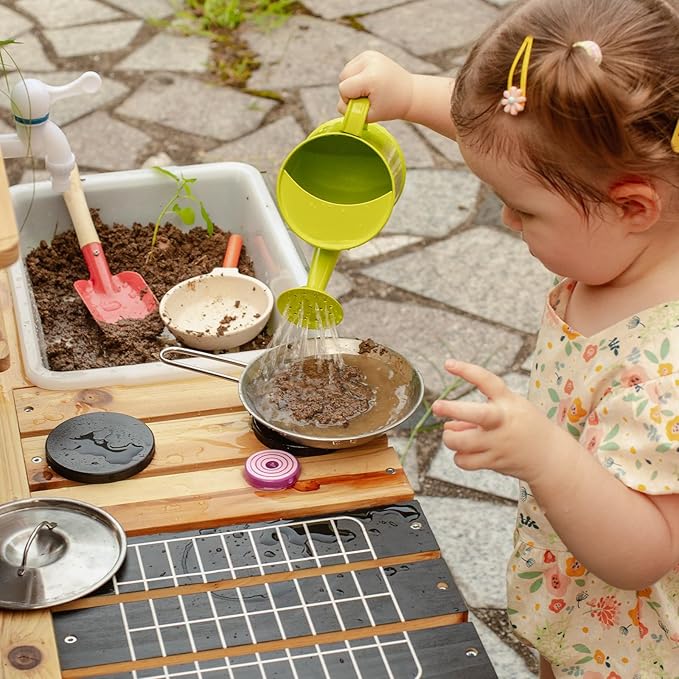 Giant bean Mud Kitchen Playset for Kids, Deluxe Wooden Toy Play Kitchen Set for Boys and Girls Ages 3-8 Indoor & Outdoor Activities, with Sand and Water Sink, Cookware Pots