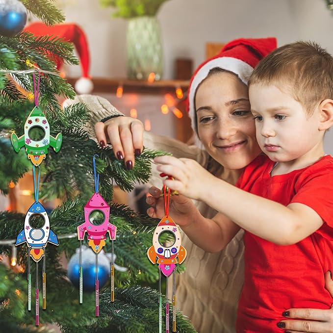 Fennoral 12 Pack Wind Chime Kit for Kids Make Your Own Rockets Wind Chime Craft Wooden Arts and Crafts for Girls Boys DIY Coloring Rockets for Art Activity Birthday Party Decoration