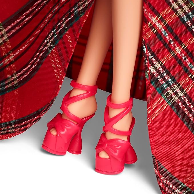 Barbie 2024 Holiday Barbie Dolls, Seasonal Collector Toy, Barbie Signature, Plaid Gown with Red Bow, Displayable Packaging, Dark Brown Hair