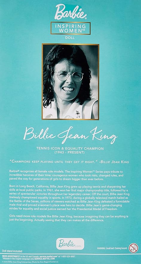 Barbie Inspiring Women Series Billie Jean King Collectible Doll, Approx. 12-in, Wearing Tennis Dress and Accessories, with Doll Stand and Certificate of Authenticity