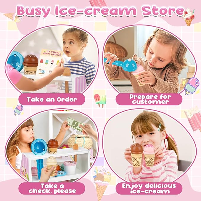 Dreamon Ice Cream Counter Playset for Kids, 38 PCS Wooden Ice Cream Set Shop for Toddlers 3-5, Toddler Pretend Play Toy, Christmas Birthday Gift for Boys and Girls