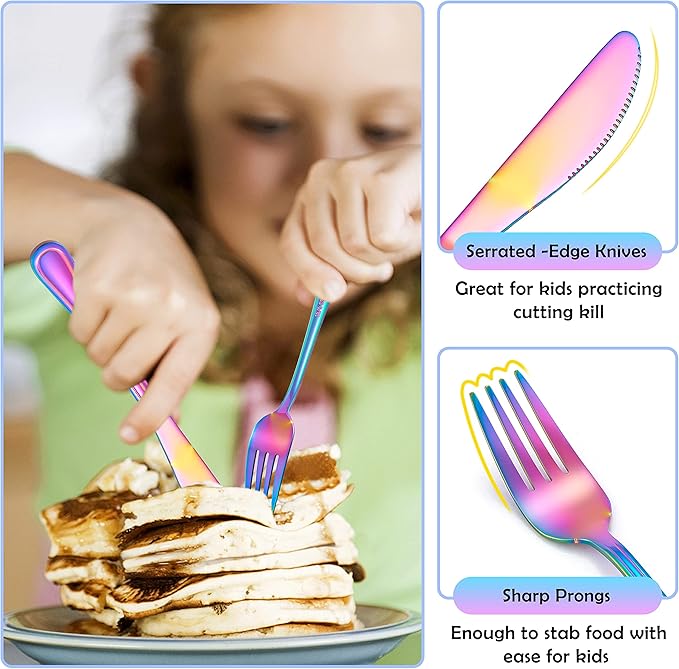 E-far 6-Piece Kids Silverware, Stainless Steel Toddler Utensils Safe for Preschooler/Children, Includes 2 Forks 2 Spoons 2 Knife, Slimline Adult Look & Small Size, Rust Free & Dishwasher Safe-Rainbow