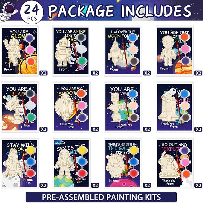 24Pcs Space Party Favors Space Cards with Art Supplies Outer Space DIY Wood Painting Craft Kits Astronaut Thank You for Coming Gifts for Kids Boys Girls Solar System Birthday Gift Bulk (Pre-Assembled)