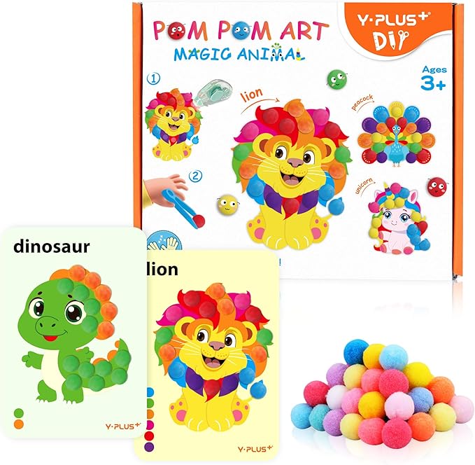 YPLUS Pompoms Art Crafts Kits, Toddler DIY Sensory Activities for Kids Ages 1-3 2-4 3-5, Finger Motor Art Supplies - Theme Animals Stocking Stuffers for Kids Toddler