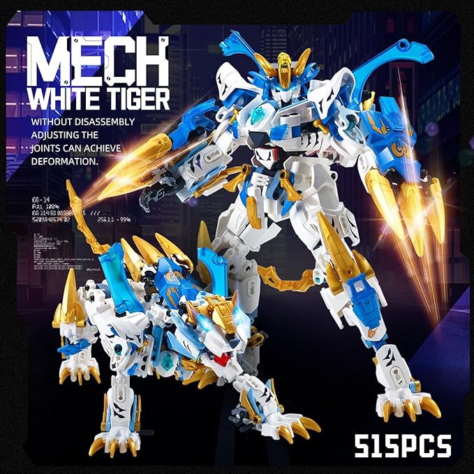 Mech Building Blocks Action Figure Toys, 2in1 White Tiger Transforming Robot Building Set, Converts to Tiger Model, for Adults Kids Boys Ages 8+（515 Pieces） (White Tiger)