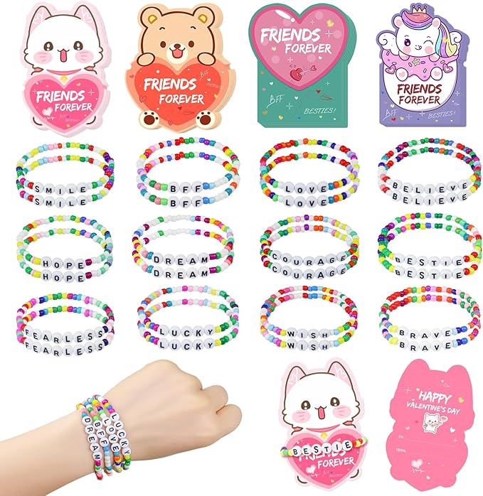 Valentines Day Cards for Kids Classroom, 24 Pack Valentines Gift Cards with Friendship Bead Bracelets, Valentines Gift Exchange for Boys Girls, Valentines Party Favors Supplies for Kids