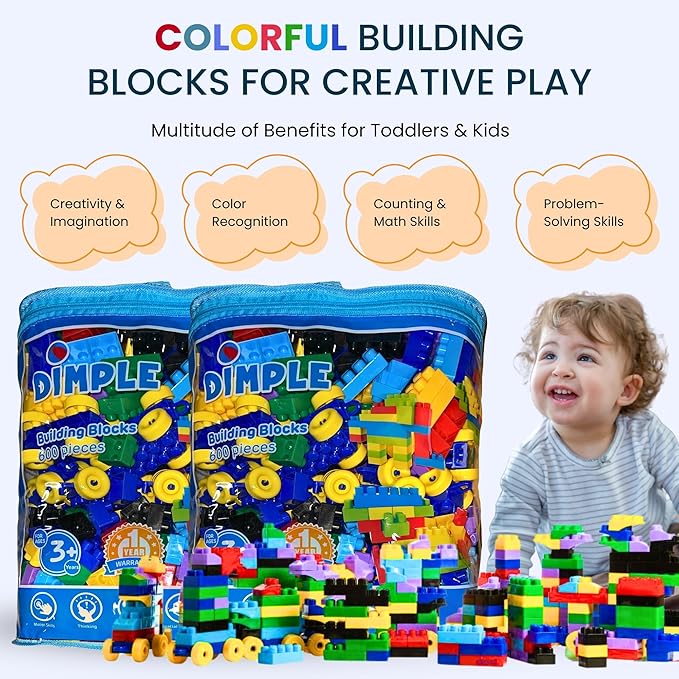 Dimple Large Blocks for Toddlers/Kids Stackable, Multi-Colored, Interlocking Toys Safe, Non-Toxic Plastic Bright Colors, Waterproof Boys and Girls Age 3 + (1200 Pieces)