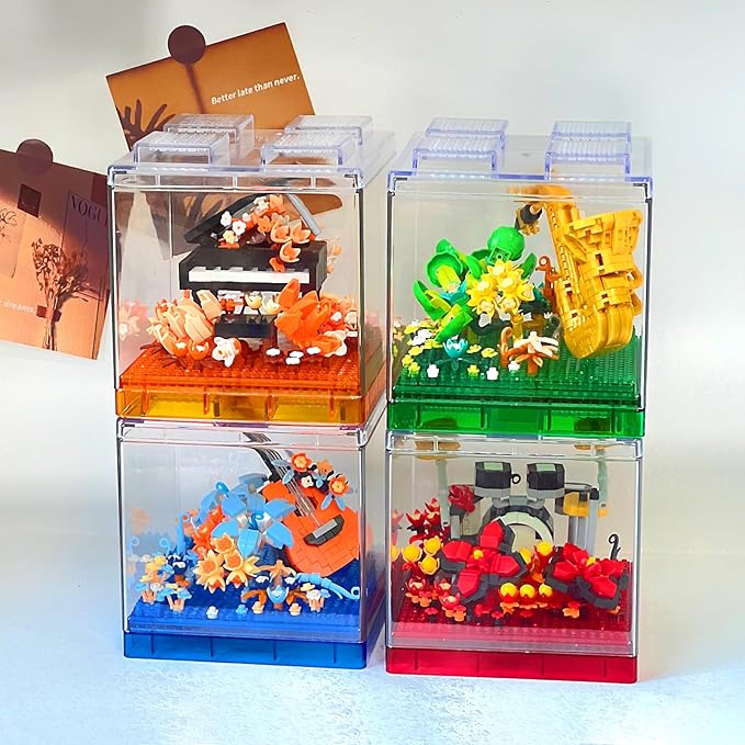 Saxophone Mini Building Block Sets with Colorful Flower Decor, Micro Building Sets with Dust Cover,Gift for Girl,Lover,Mother, Home Office Decor Kit Suit for Kids and Adult Aged 8+(Saxophone)
