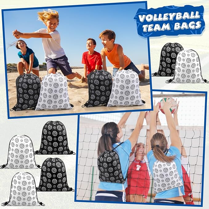 Poen 48 Pcs Volleyball Party Favors Volleyball Themed Supplies Include 12 Drawstring Backpack 12 Mini Volleyball 12 Keychain 12 Wax Thread Braided Bracelet Inspirational Team Gift
