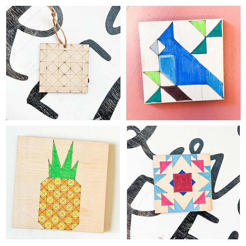 Set of 4 Barn Quilt Kit DIY Pattern Unfinished Wood Quilting Block Sign Paintable Art for Adults and Kids (6 Inches Square) (HST Fun, Cardinal, Pineapple, Boho) AVTRBoutique