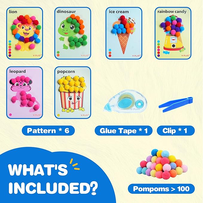 YPLUS Pompoms Art Crafts Kits, Toddler DIY Sensory Activities for Kids Ages 1-3 2-4 3-5, Finger Motor Art Supplies - Theme Food Stocking Stuffers for Kids Toddler