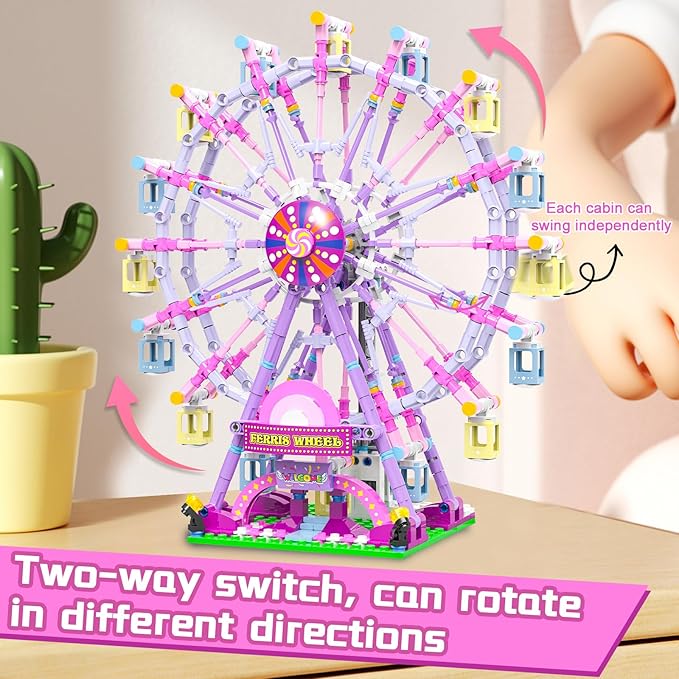 Motorized Ferris Wheel Building Set with Fairy Lights, 813 Piece Creative Toy Building Kit for Two-Way Rotation, Ideal Carnival Construction Kit for Kids Ages 6-12, Engaging Gift for jr Builder