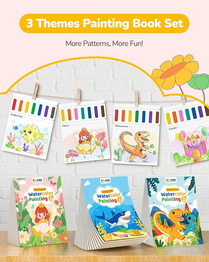 TECJOE 3 Pack Paint with Water Coloring Books for Toddlers, Watercolor Paint Set with 6 Brushes, Painting Activity for Kids Ages 4 5 6 7 8, Arts & Crafts Toy, Princess, Dinosaur & Sea