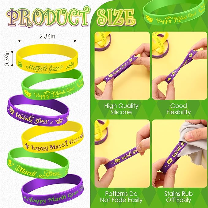Yilloog Mardi Gras Silicone Bracelets Mardi Gras Parade Throws Bulk Party Favors Rubber Bracelets Party Supplies Decorations Goodie Bag Stuffers Fillers Silicone Wristbands(240 Pcs)