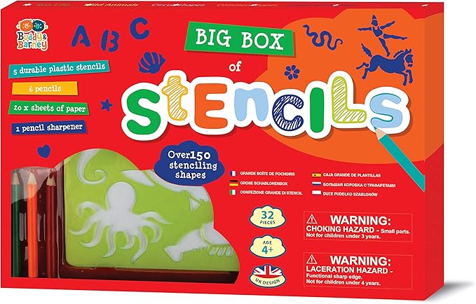 BUDDY & BARNEY Big Box of Stencils (Large 32-Piece Stencils Kit), 150+ Shapes: Animals, Letters, Numbers, & More, 6 Coloring Pencils, 5 Stencil Sheets, Paper, Drawing Stencils for Boys, Girls, Kids 4+