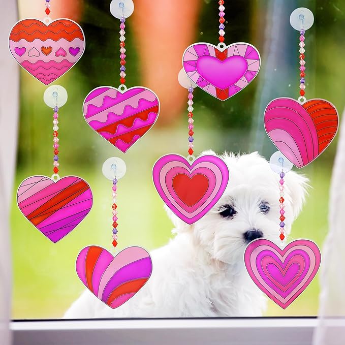 Winlyn 24 Sets Heart Suncatchers Ornaments Decorations DIY Window Paint Art Stickers Craft Kits Heart Sun Catchers for Kids Valentine's Day Classroom Activities Art Project Party Favors Gift Exchange
