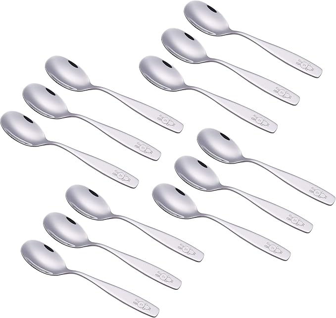 ANNOVA Kids Silverware Children's Safe Flatware Set Stainless Steel - 12 x Children Dinner Spoons, Toddler Utensils, Metal Cutlery Set for LunchBox (Engraved Dog Bunny) (Stainless Steel, 12 Spoons)