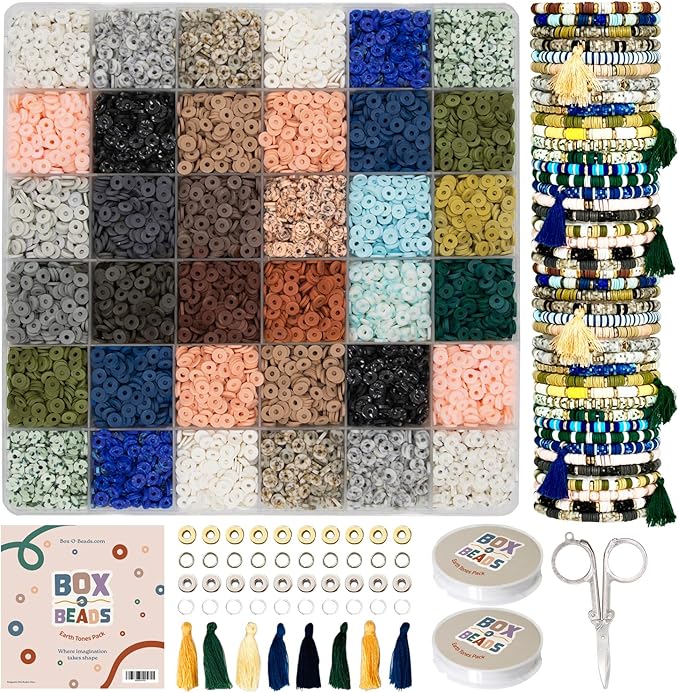Box-O-Beads, 6000 pcs Polymer Clay Heishi Beads for Bracelet & Jewelry Making, DIY Bracelet Making Kit for Kids & Teens Ages 8-12, 24 Earth Tone Colors, 6mm Beads