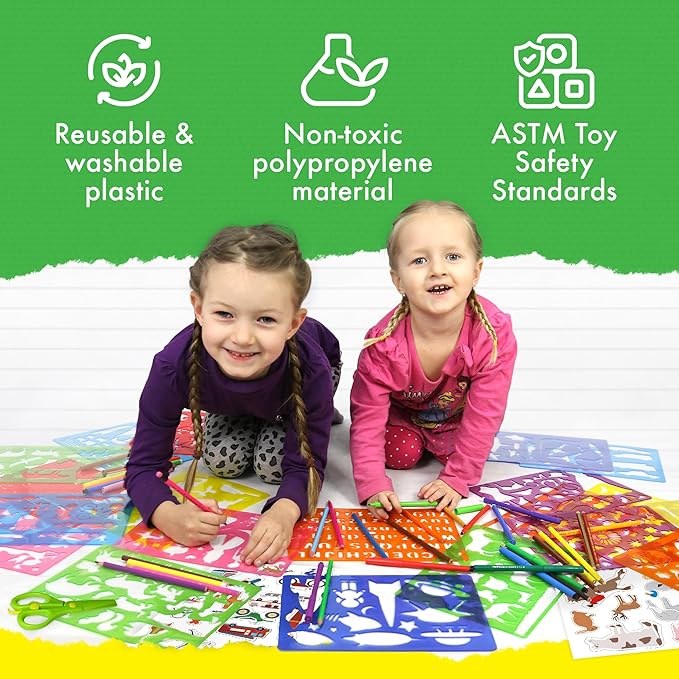 Drawing Stencil Kit for Kids, 60 PC Art Set with 370+ Shapes, Sketch Pad, and Colored Pencils for DIY Arts and Crafts for Boys and Girls, Draw with Letter, Animal and Car Stencils, Green