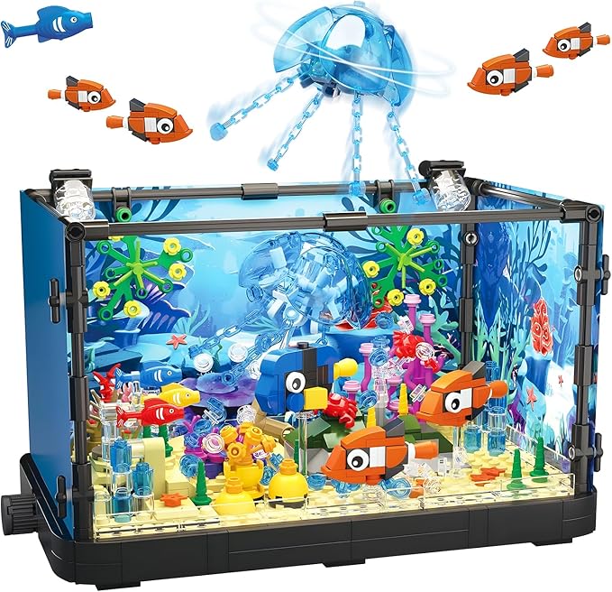 SANCO Fish Tank Building Set with LED Lights for Audlts and Kids - Aquarium Building Block Toys Creative Sea Animal Model 725PCS for Boys and Grils Age 8-12-14