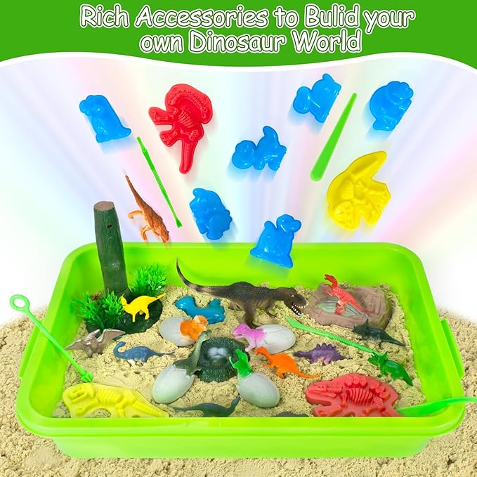 YongnKids Dinosaur Sensory Bin Sandbox Toys,Sensory Sand Art Kit with 14 Dinosaur Toys & 2.2lb Magic Sand & Dinosaur Sand Molds -Fun Sand Toys Birthday for Girls Boys Toddler 3 4 5 6 7 Years Old